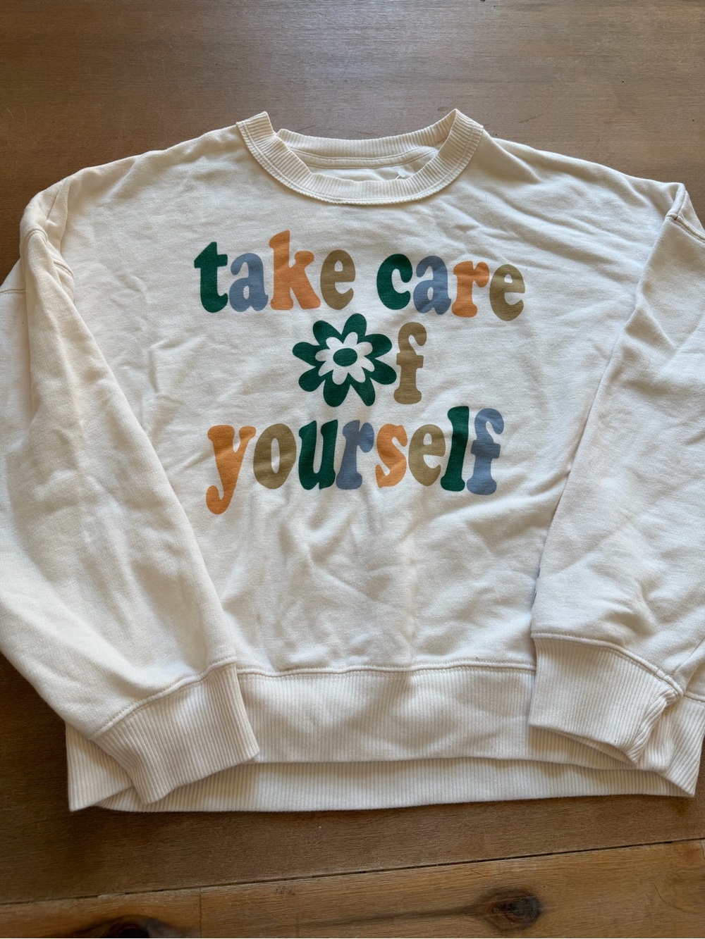 American Eagle Outfitters Cream Graphic 'Take Care of Yourself' Sweatshirt